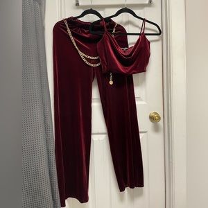 Velour 2 Piece Set Crop Top and Wide Pant Burgundy S